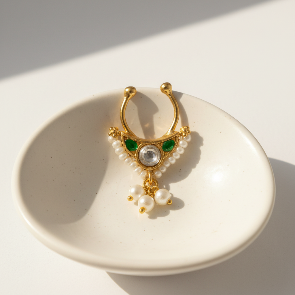Gold-plated Kundan septum nosepin with green enamel and white crystal on white ceramic surface