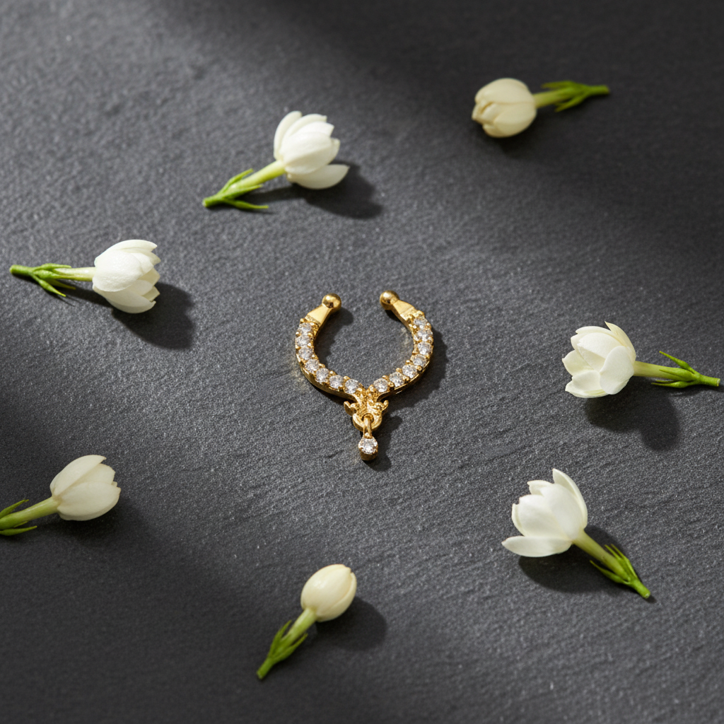 Gold-plated septum nosepin on dark charcoal stone with white jasmine buds