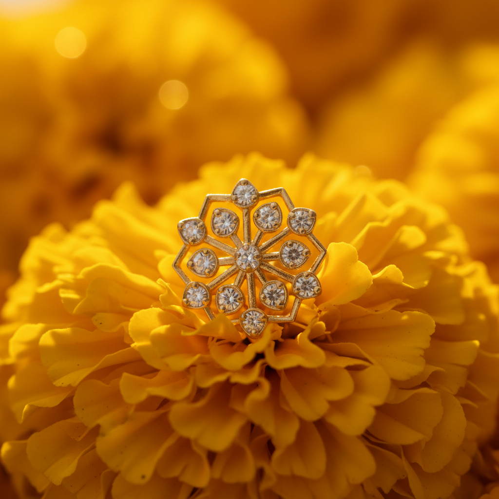 Jyoti gold plated 925 silver nose pin for women – marigold flower bed prop shot