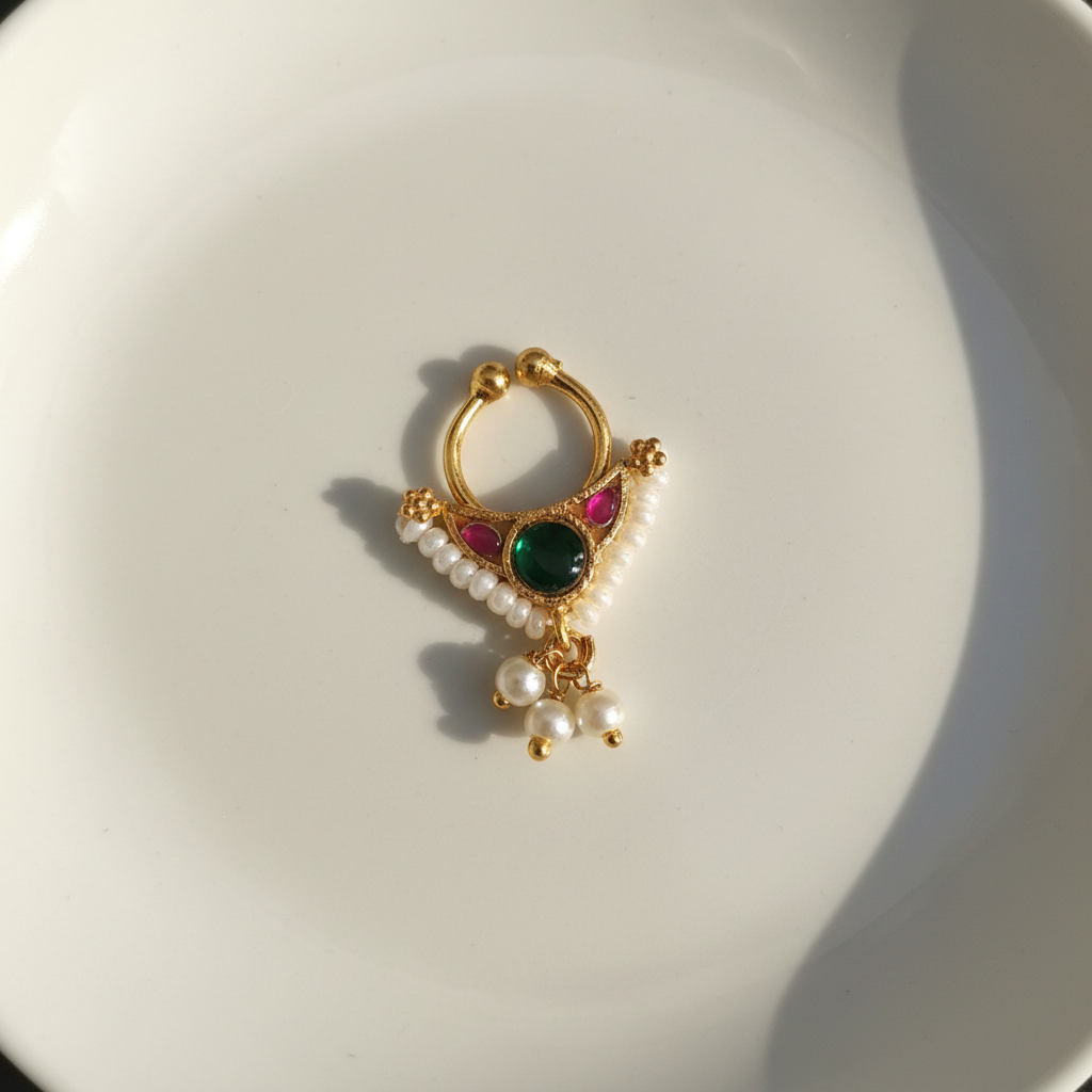 Gold-plated Kundan septum nosepin with green and pink stones on white ceramic surface