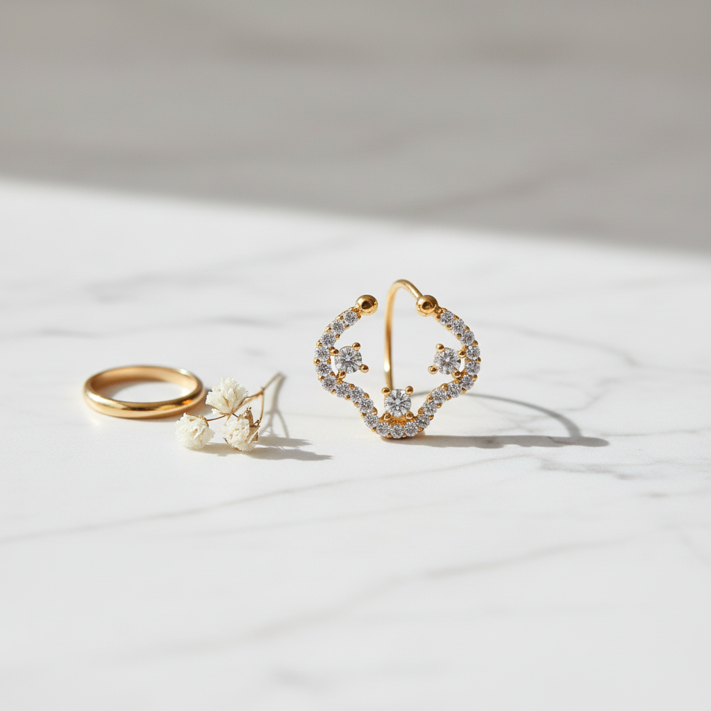 Gold-plated septum nosepin on white marble with golden ring and dried flower