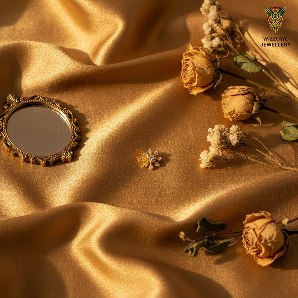 Fiza 925 Silver Gold Plated Nose Pin golden silk flat lay prop | Wizzowl Jewellery