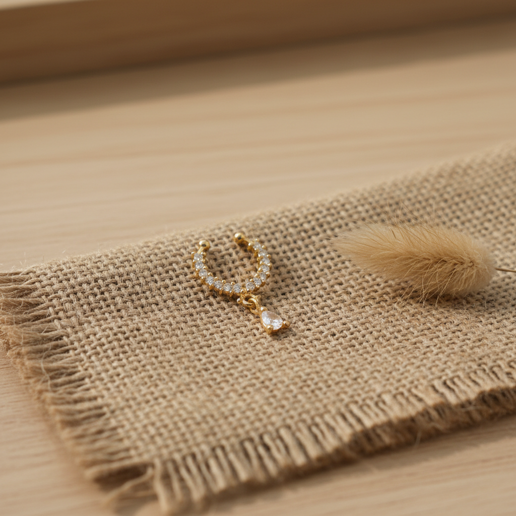 Gold-plated septum nosepin on natural jute with dried pampas grass
