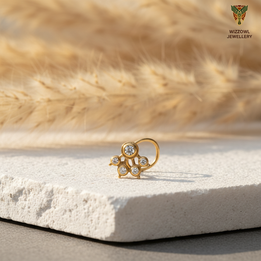 Isha 925 Silver Gold Plated Nose Pin prop shot on stone slab | Wizzowl Jewellery