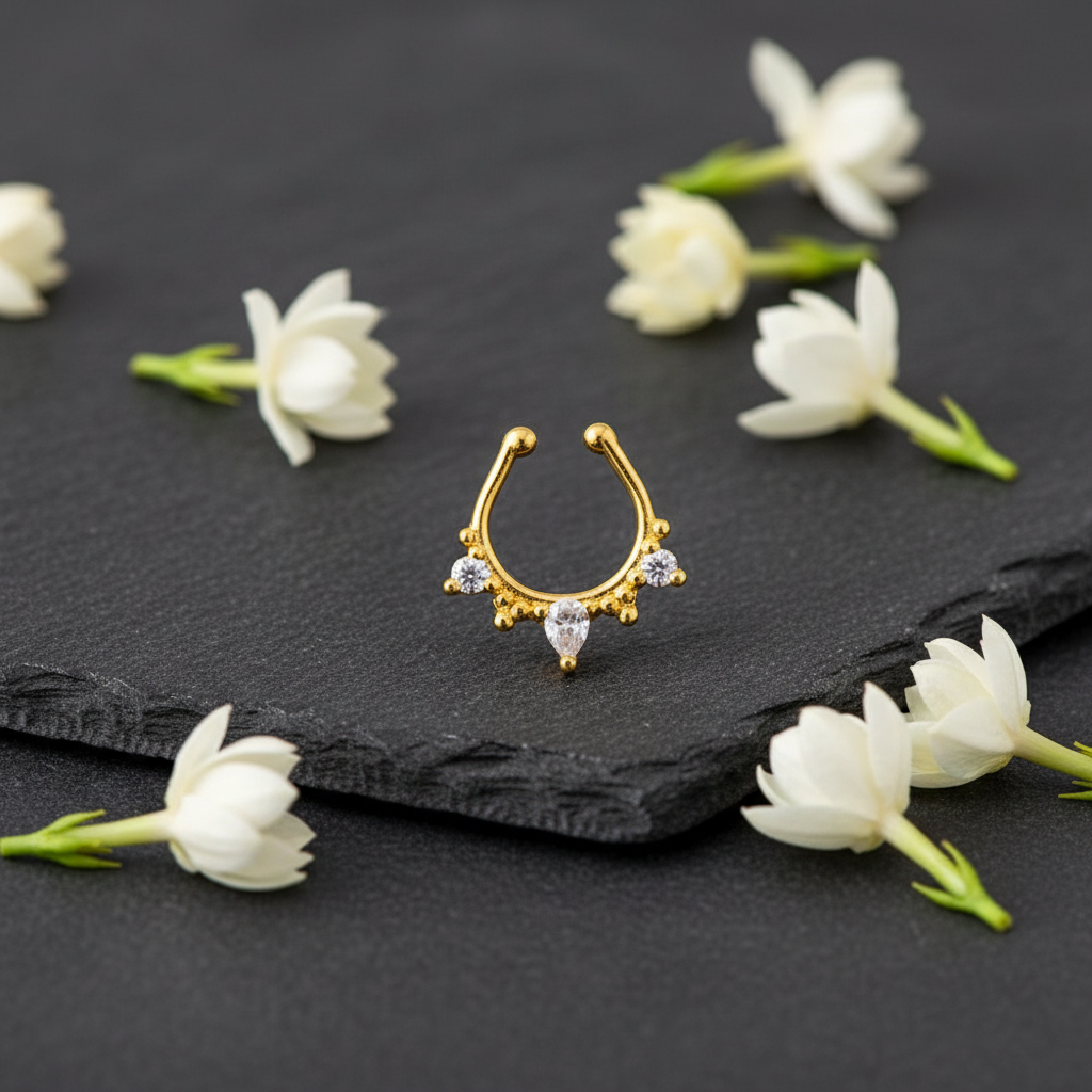Gold-plated septum nosepin on dark charcoal stone with white jasmine buds