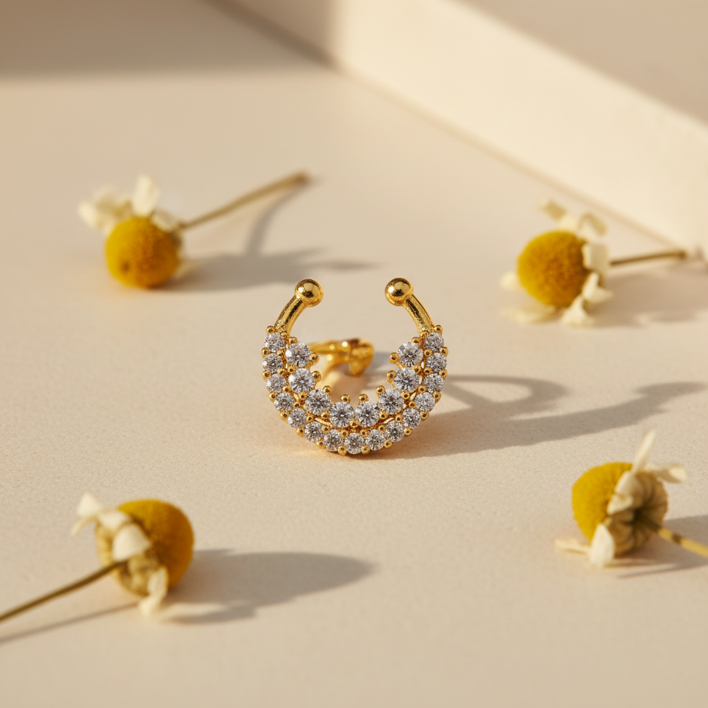 Gold-plated septum nosepin on cream stone with dried chamomile