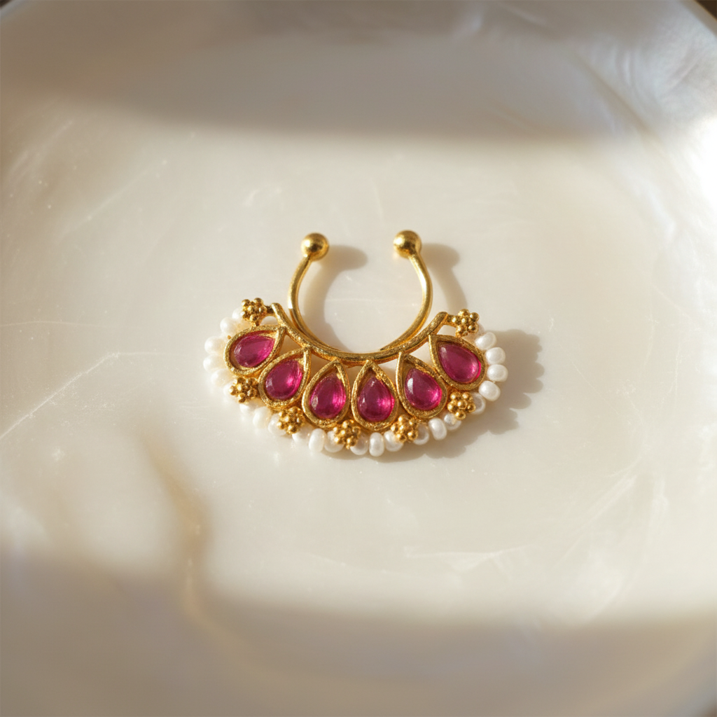 Gold-plated Kundan septum nosepin with red pink stones on white ceramic surface