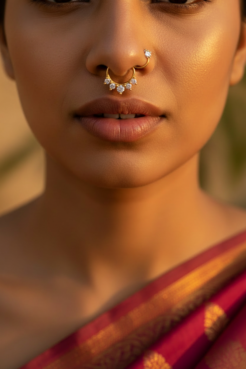 Indian woman wearing saree with gold-plated 5-stone septum nosepin