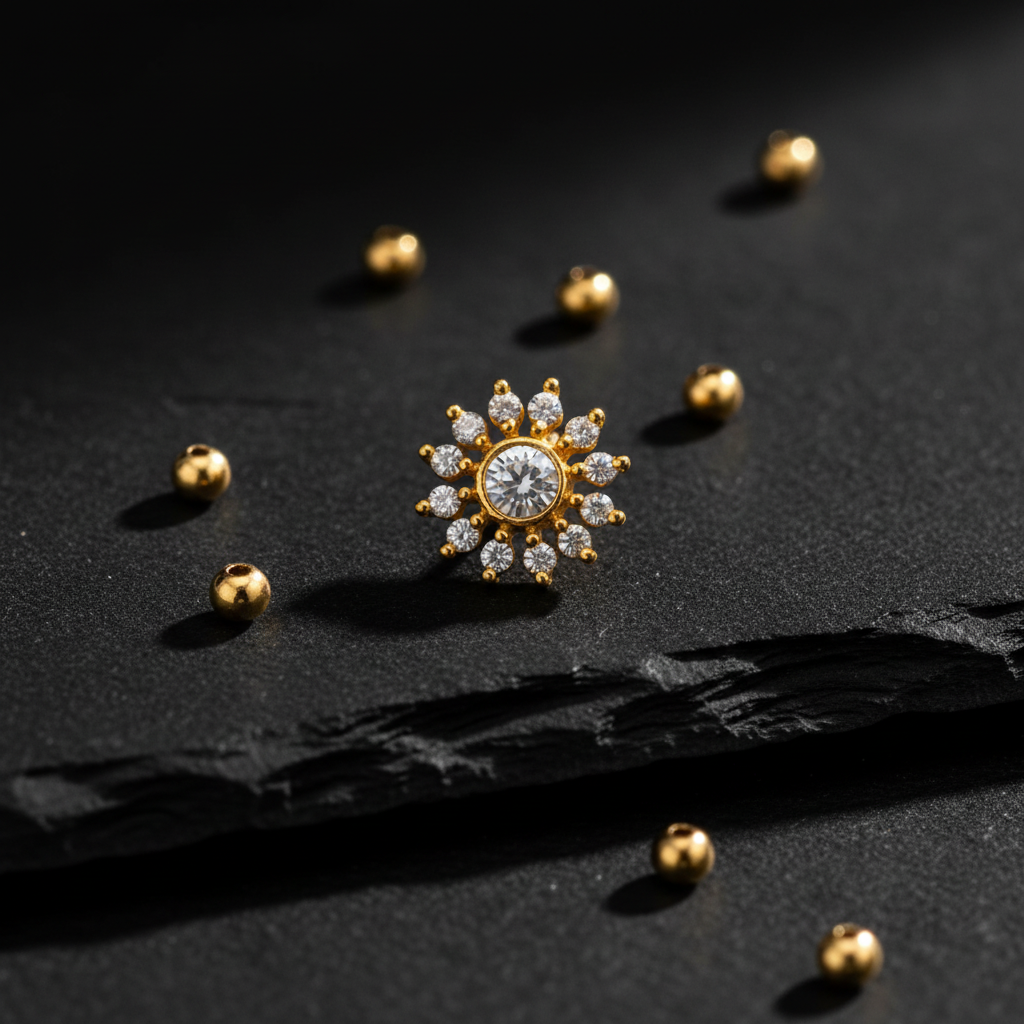 Mukhta 925 Silver Gold Plated Nose Pin black slate prop shot | Wizzowl Jewellery