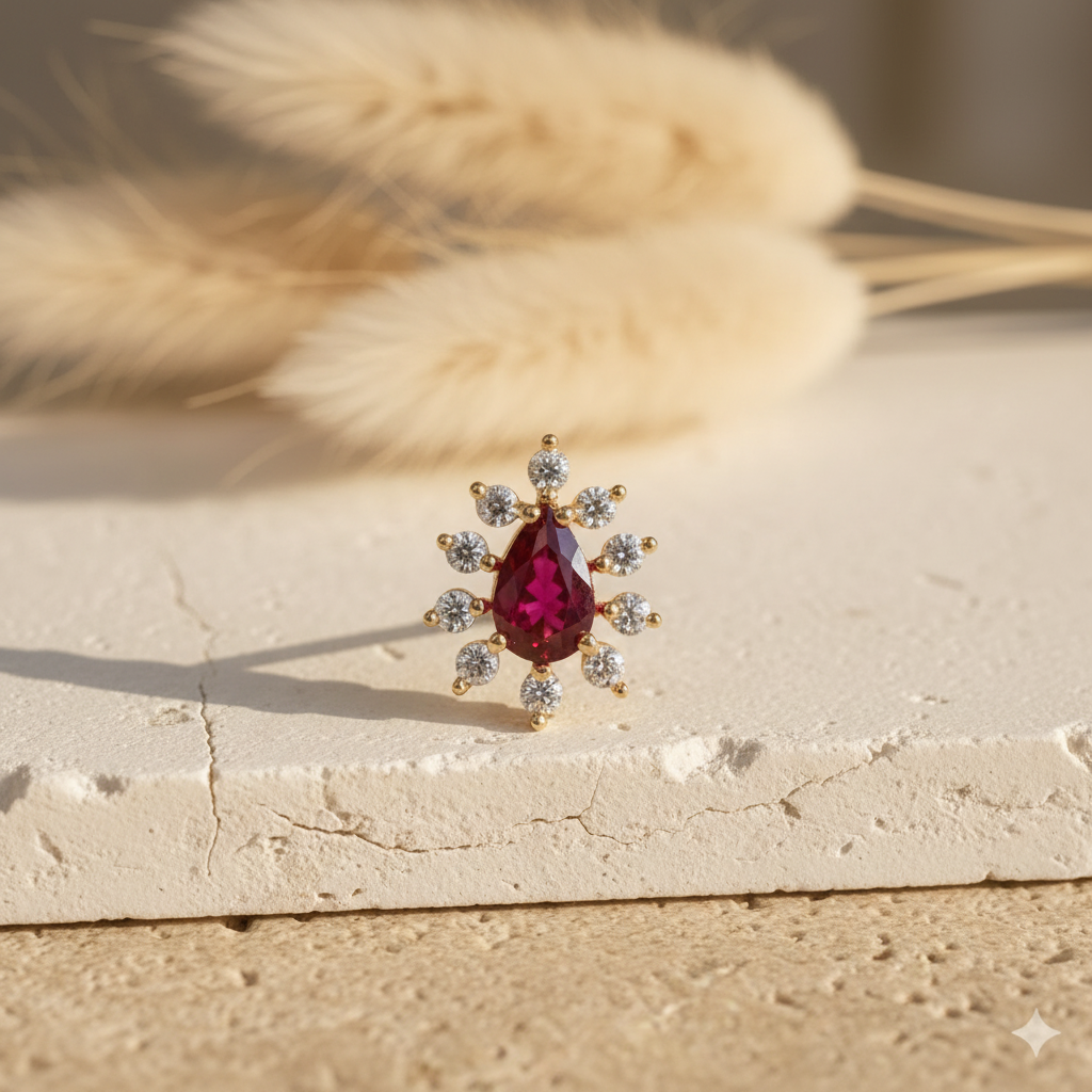 TriColor 925 Silver Gold Plated Nose Pin prop shot on stone slab | Wizzowl Jewellery