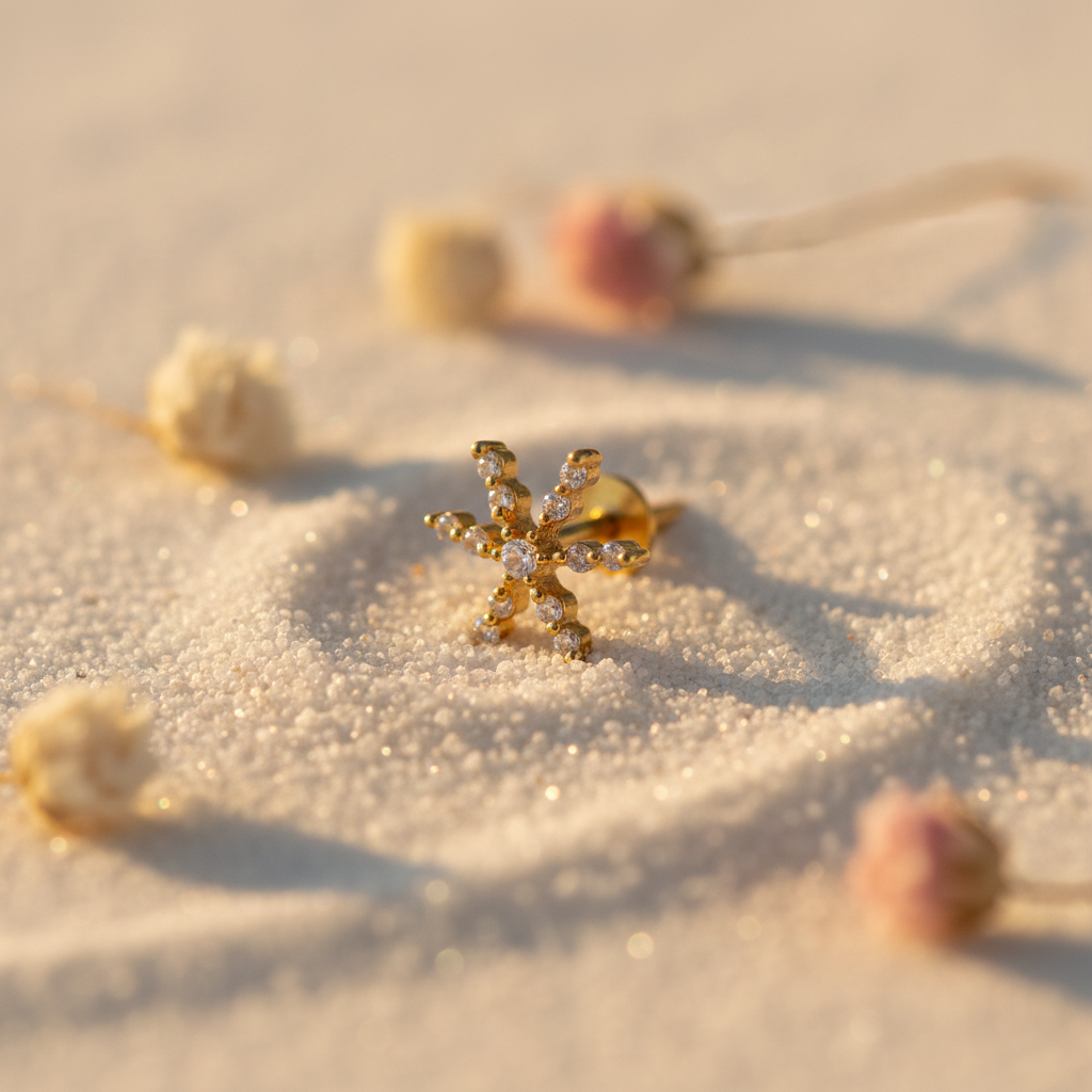 Hina 925 Silver Gold Plated Nose Pin sand texture prop shot | Wizzowl Jewellery