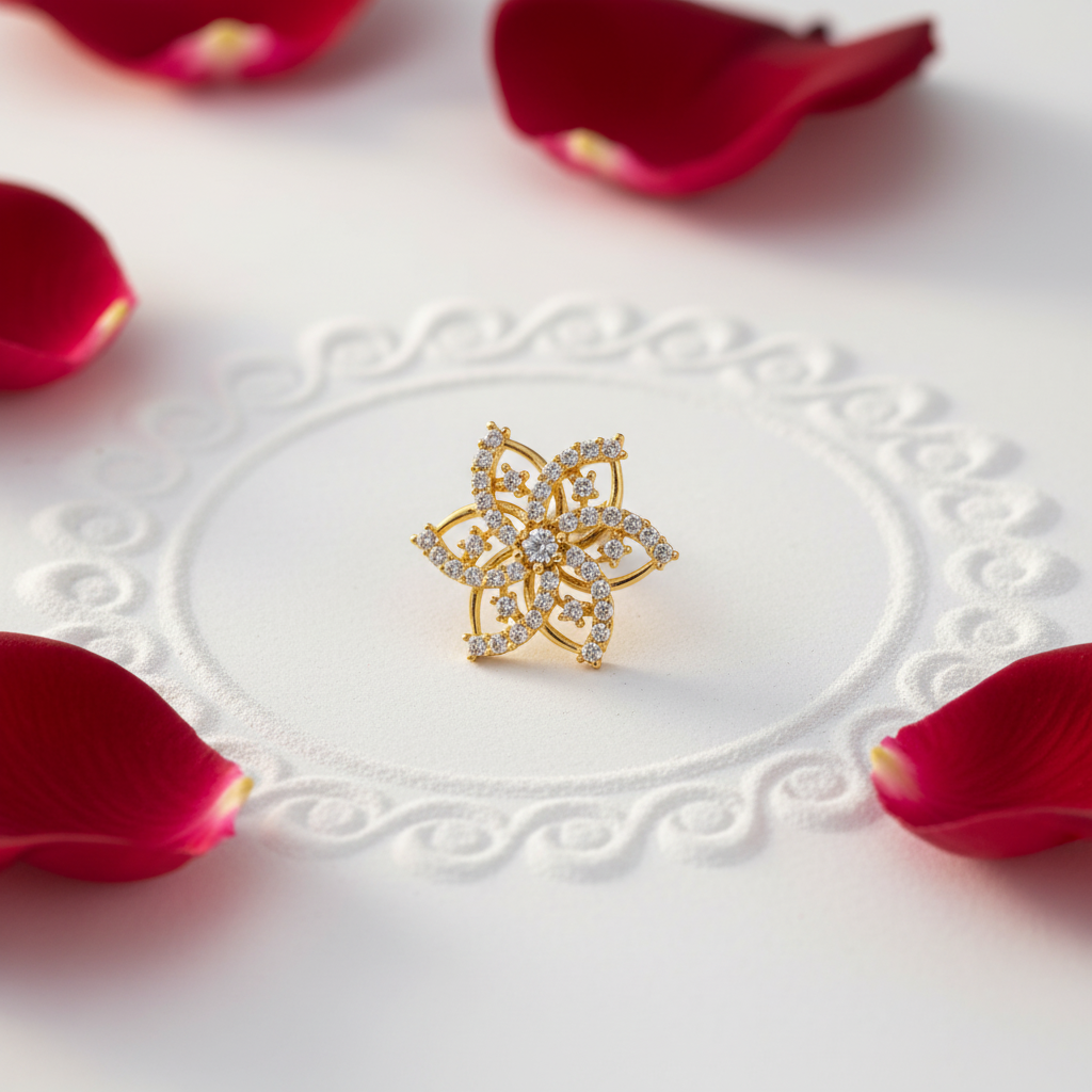 Kolam gold plated 925 silver nose pin for women – rangoli kolam rose petals prop shot