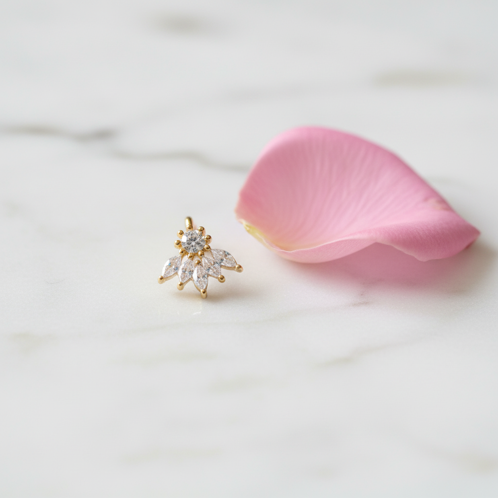 Kiran gold plated 925 silver nose pin for women – white marble pink rose petal prop shot