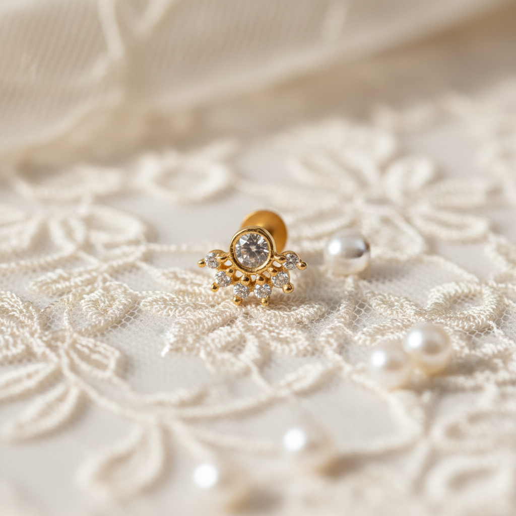 Tiffany 925 Silver Gold Plated Nose Pin cream lace prop shot | Wizzowl Jewellery