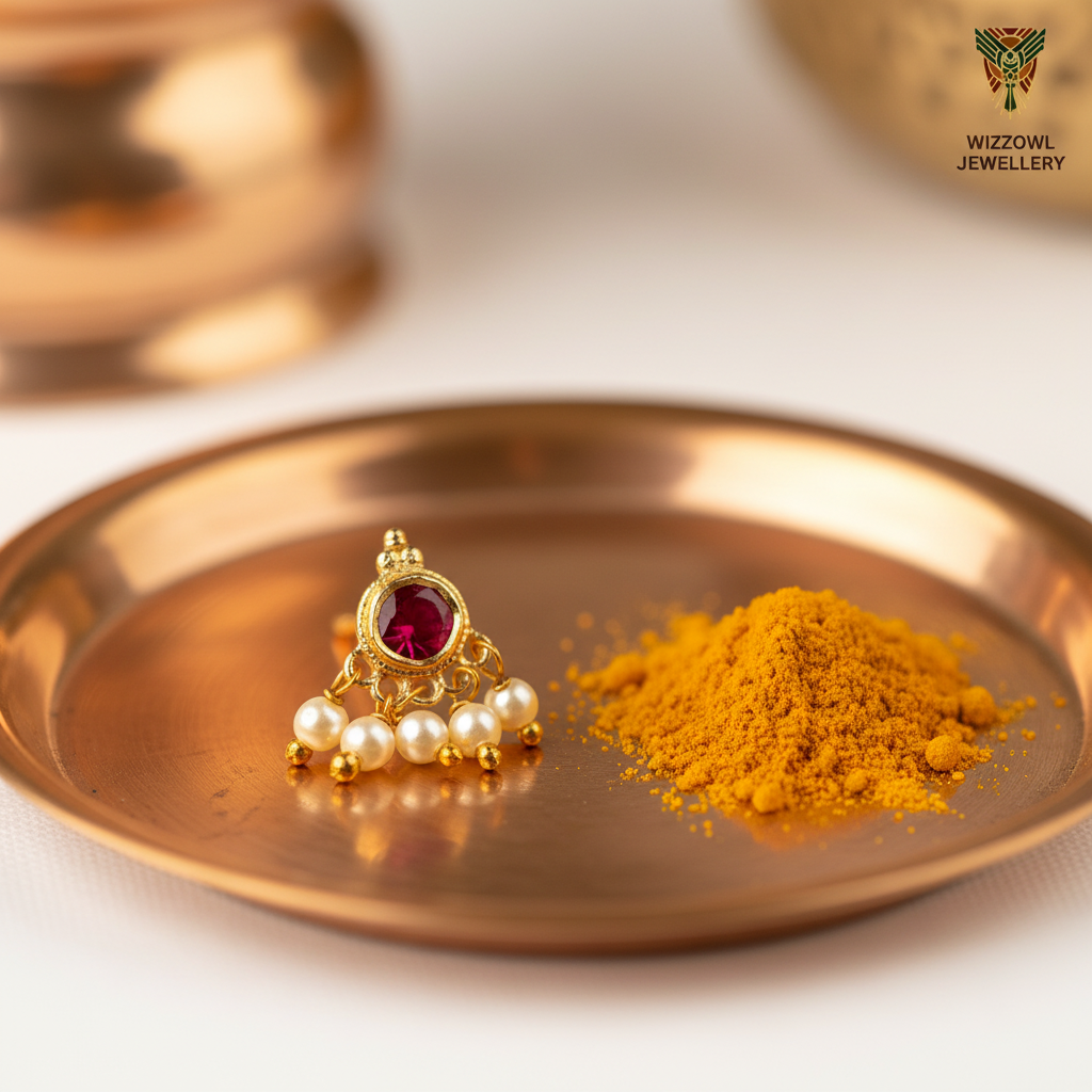 Aadhya 925 Silver Gold Plated Nose Pin copper plate prop shot | Wizzowl Jewellery